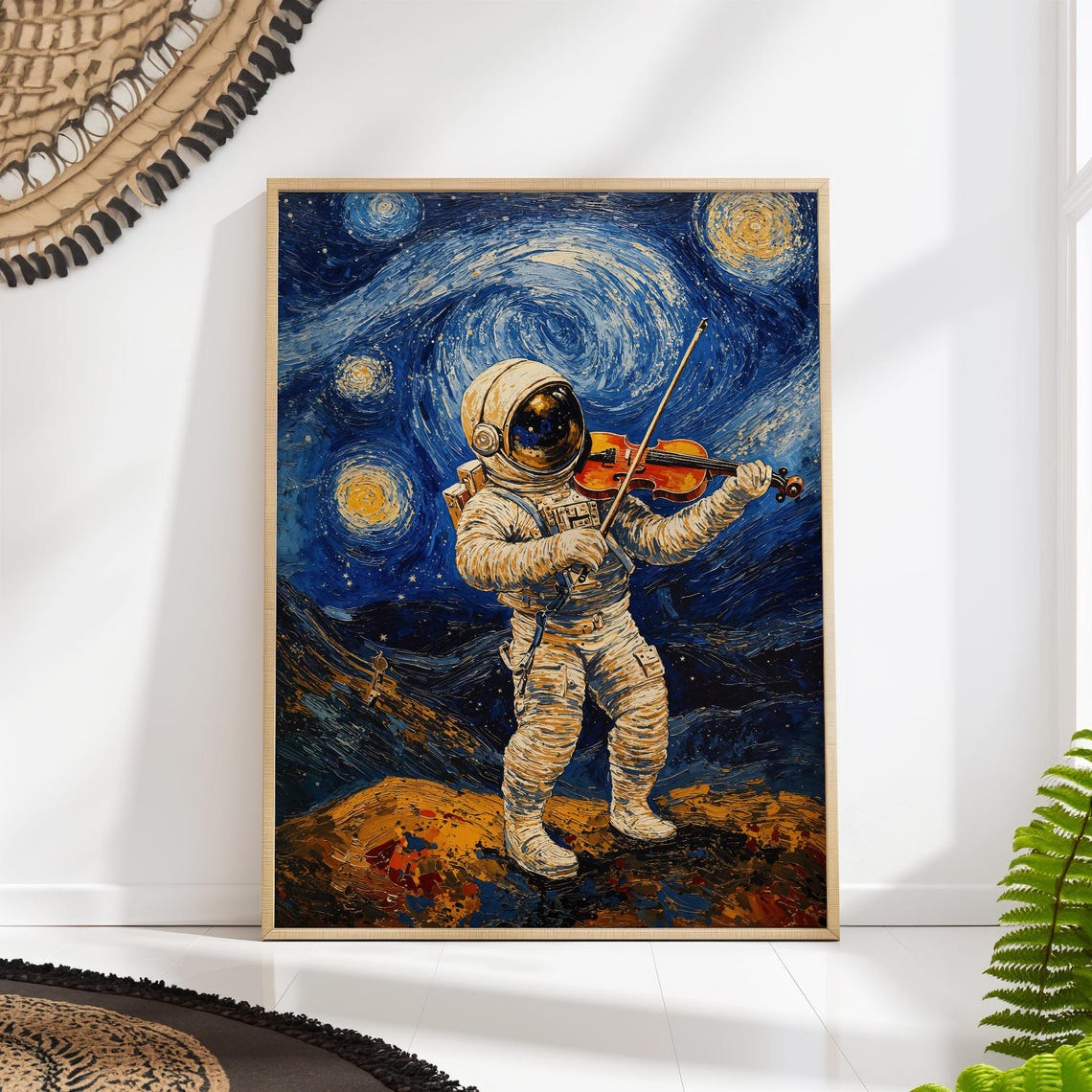 Starry Night Astronaut Violin Art Print Van Gogh Music Poster Cosmic Celestial Wall Decor