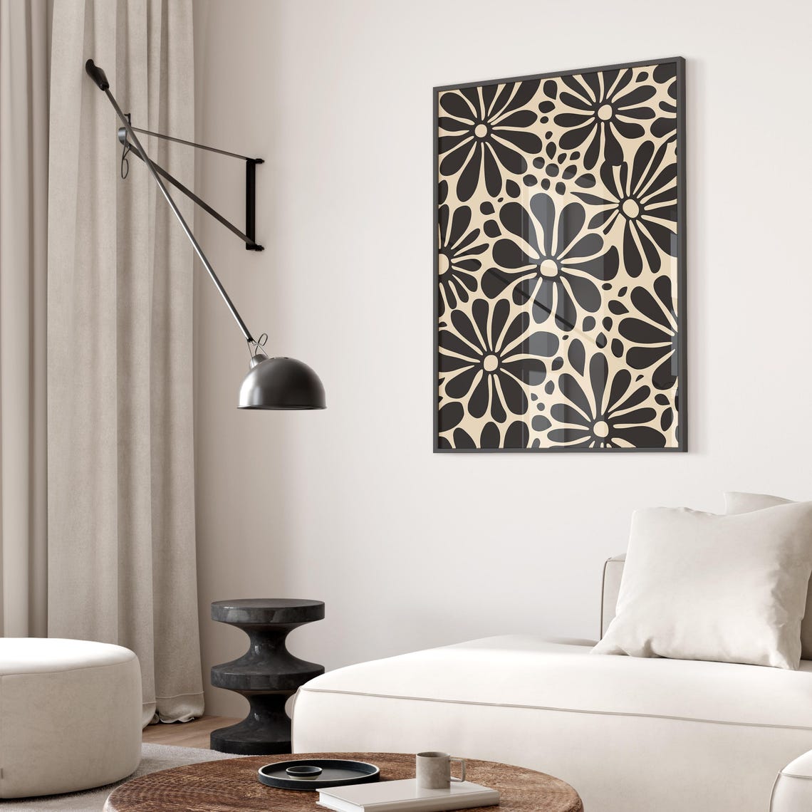 Retro Black And White Daisy Flower Pattern Botanical Art Poster - Image 2