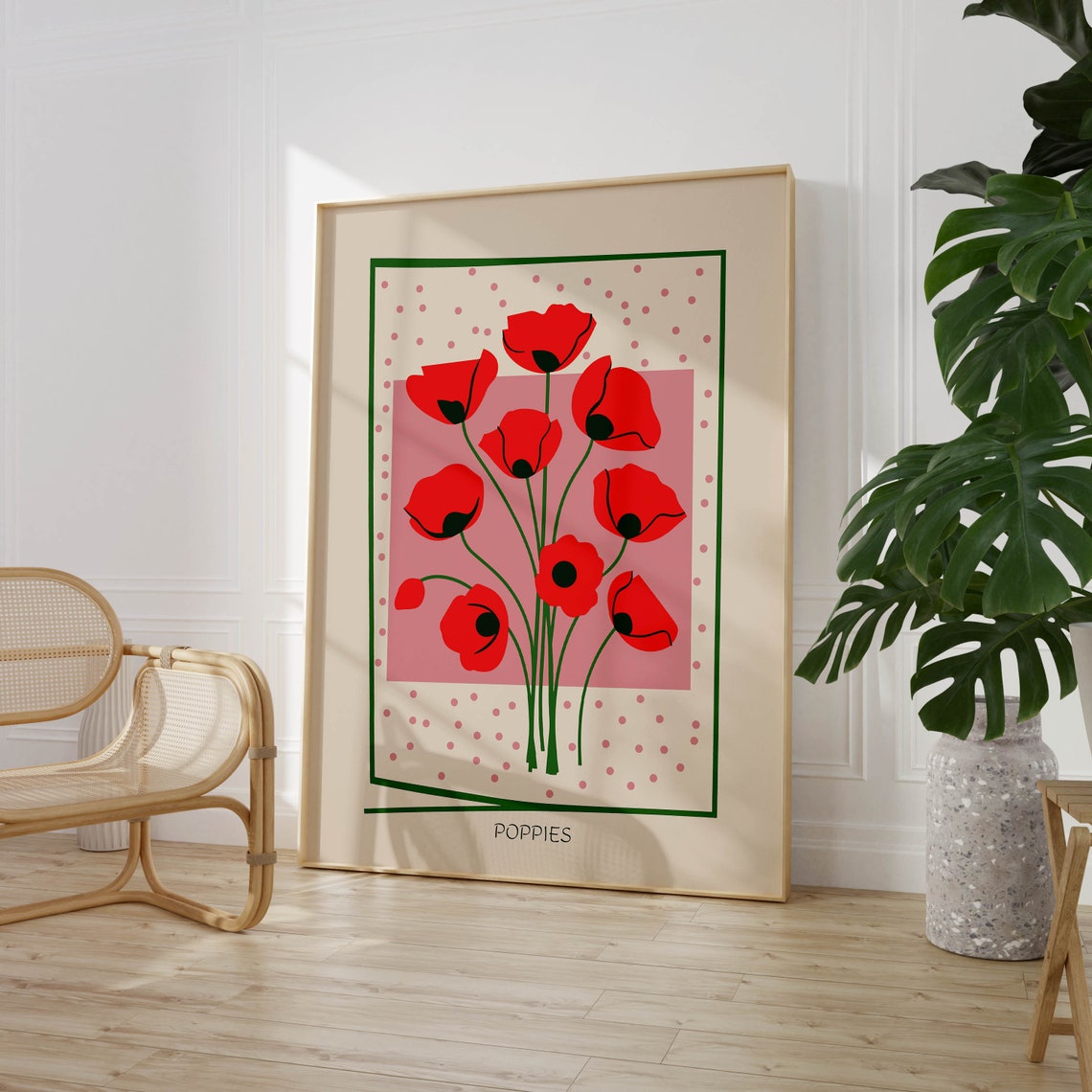 Red Poppies Stylized Botanical Illustration Retro Floral Poster