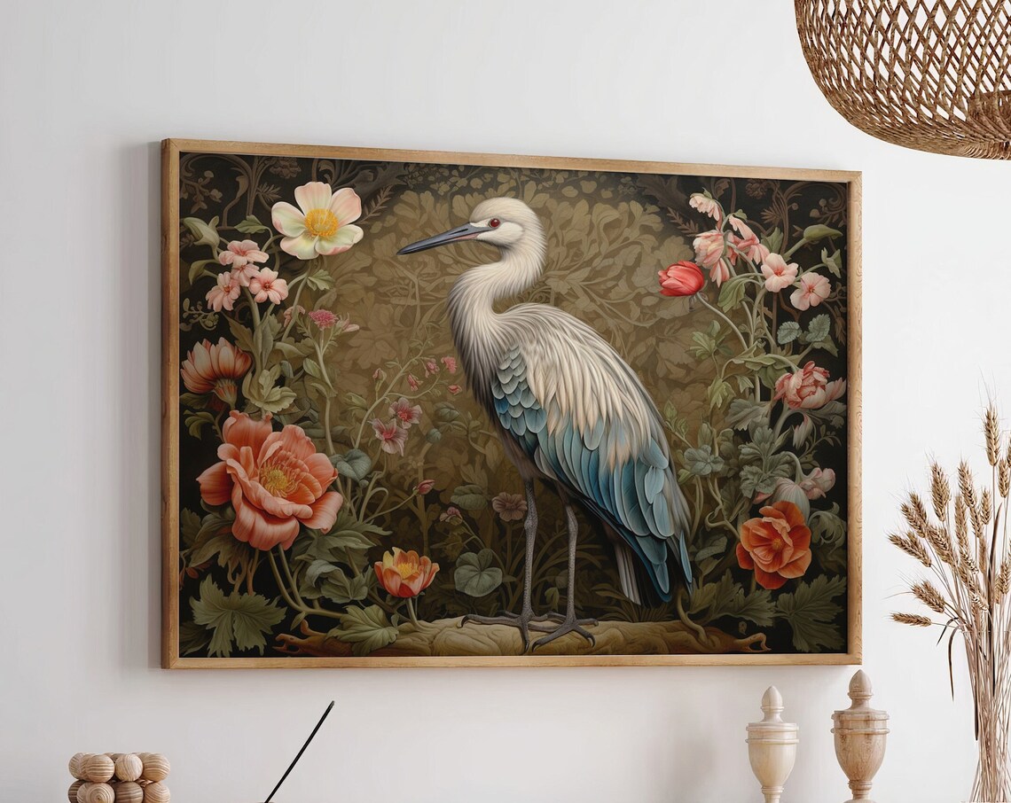 White Heron Among Coral Blooms Art Nouveau Botanical Bird Poster
