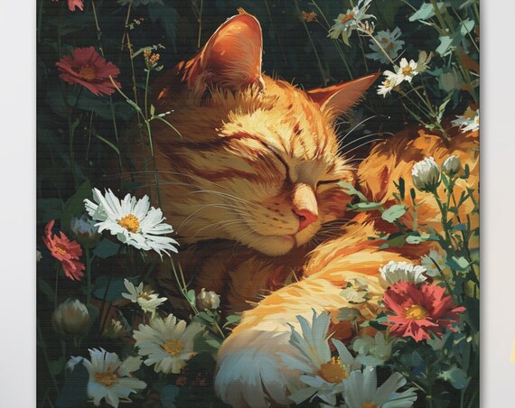 Orange Tabby Cat Asleep in a Daisy Filled Wildflower Garden Poster