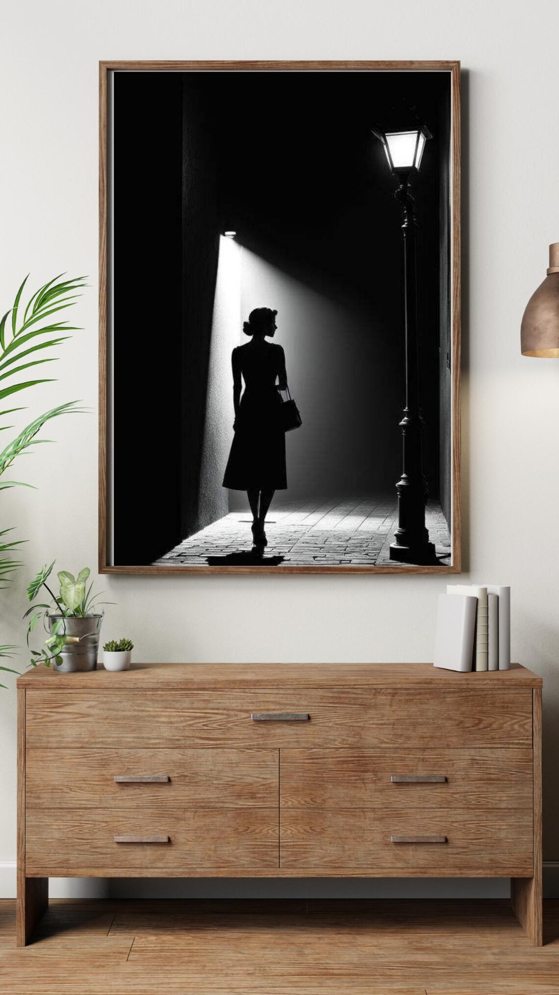 Black and White Woman Under Streetlamp Dark Night City Poster