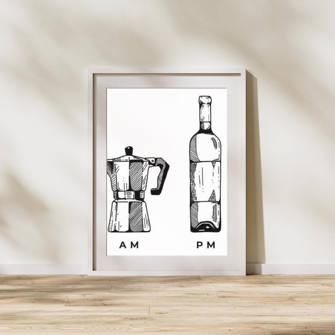 Coffee AM Wine PM Funny Kitchen Moka Pot Black Line Art Poster