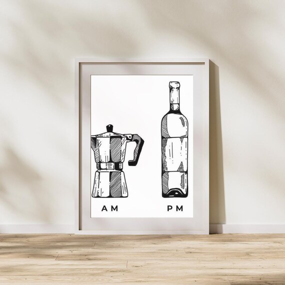 Coffee AM Wine PM Funny Kitchen Moka Pot Black Line Art Poster