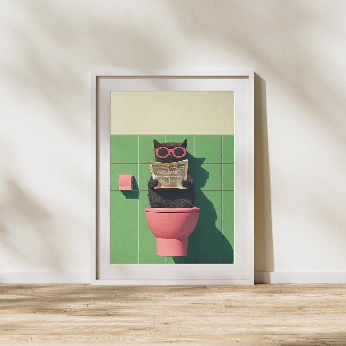 Funny Black Cat Reading Newspaper on Toilet Quirky Bathroom Poster