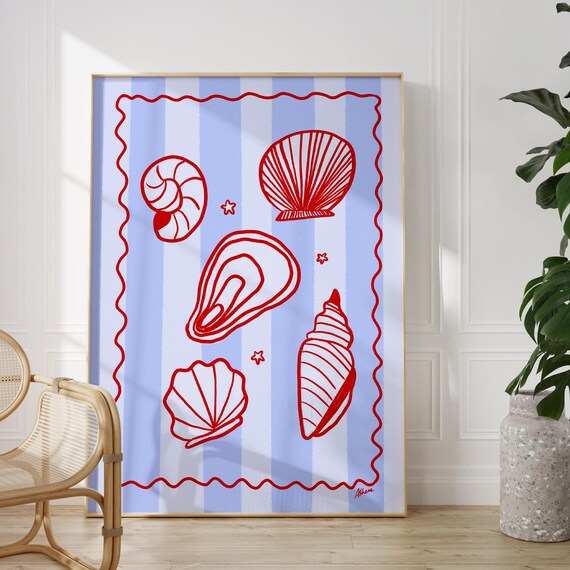Red Seashells on Blue Striped Background Coquette Coastal Poster