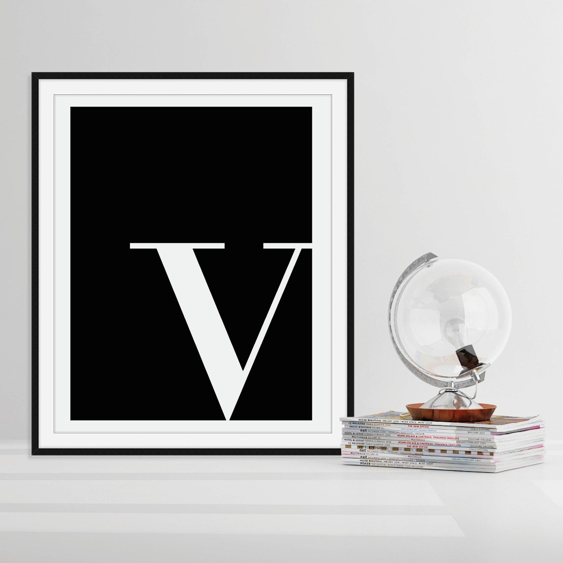 Uppercase Letter V Monogram Poster White on Black Modern Decor - Image 4