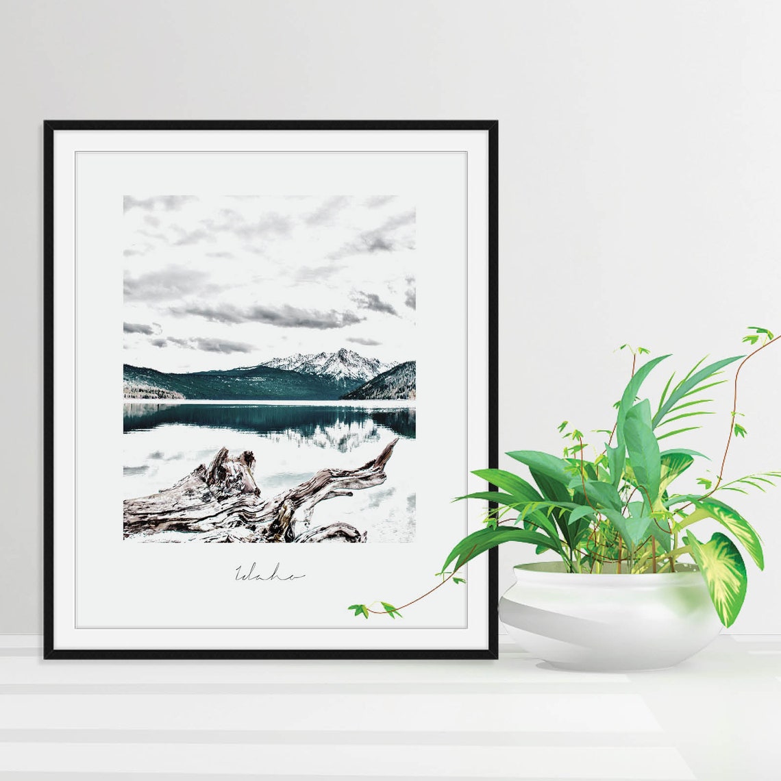 Idaho Mountain Lake Driftwood Winter Photo Script Caption Poster - Image 2