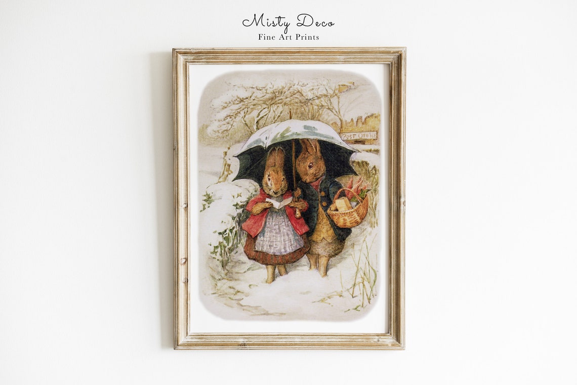 Beatrix Potter Style Rabbits Sharing Umbrella In Snow Art Poster