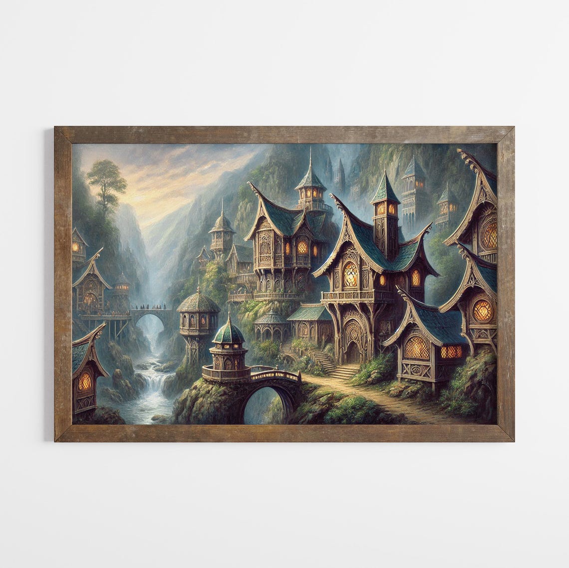 Fantasy Elven City at Dusk With Glowing Windows River Art Poster