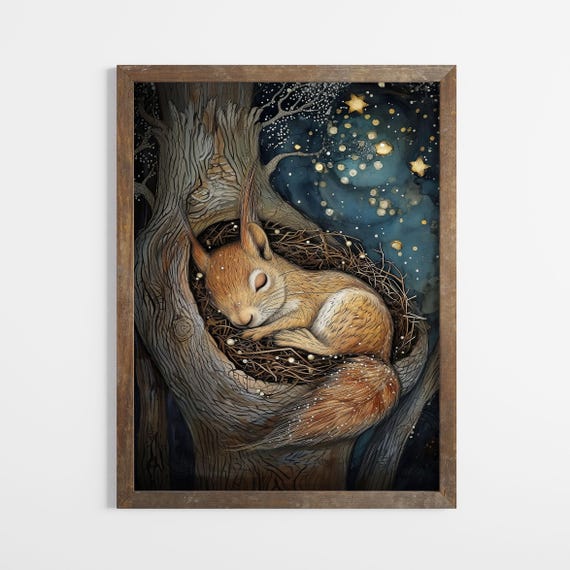 Good Night Fine Art Print For Nursery Sleeping Squirrel Painting