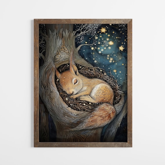 Sleeping Squirrel Starry Night Nursery Poster Woodland Animal Art
