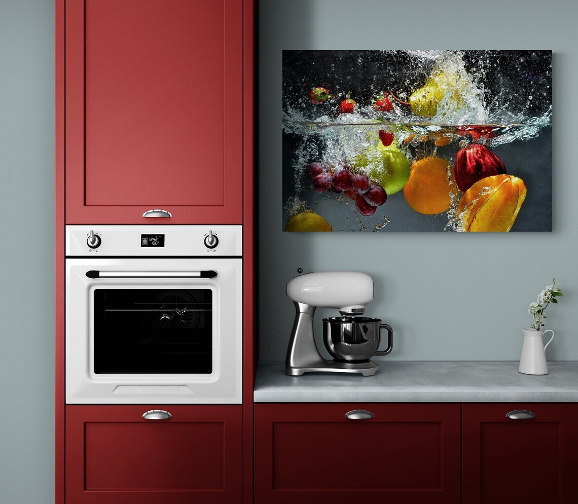 Fruits Water Splash Wall Art Vegetables Splashing In Water Print Kitchen Fruit Painting Ready To Hang - Image 3