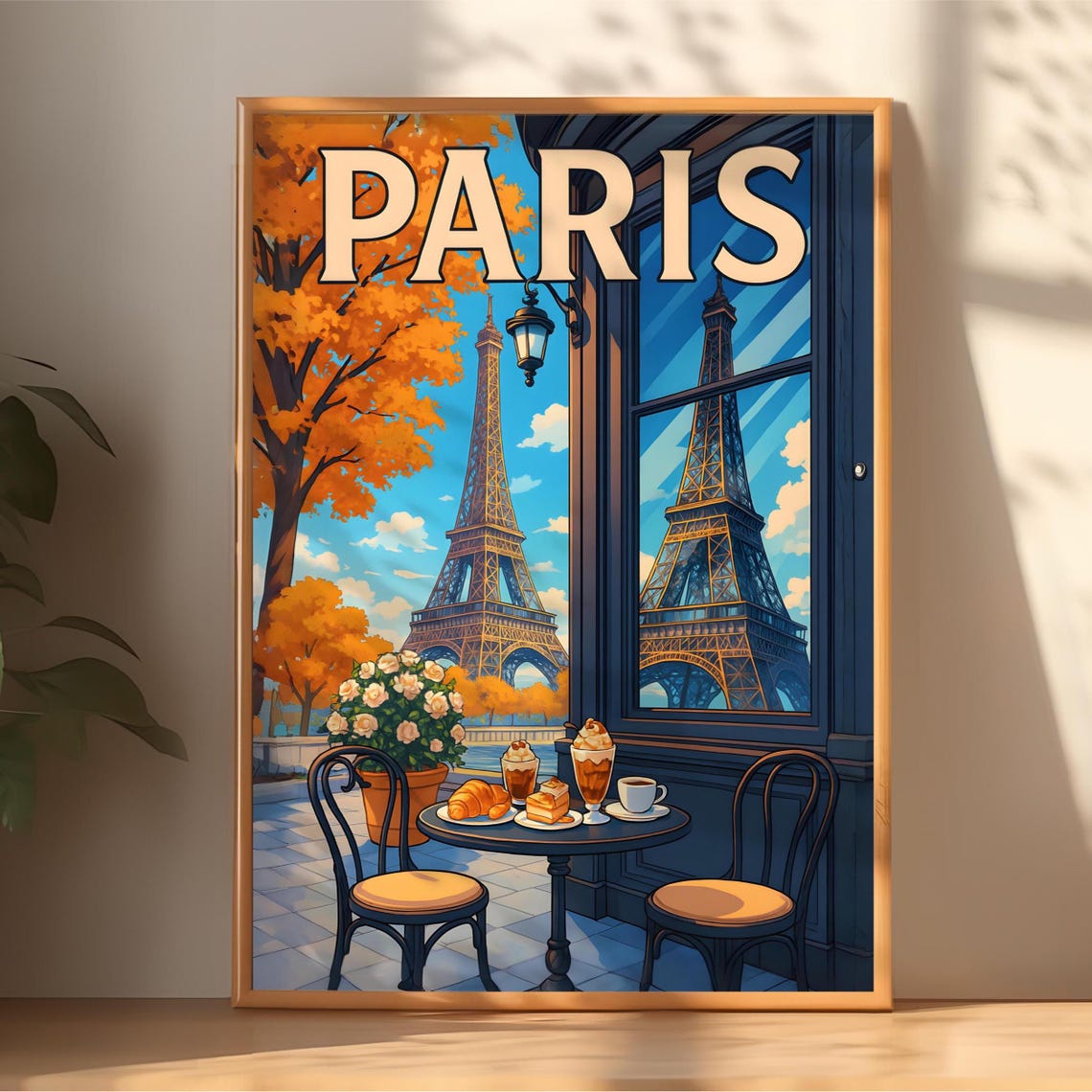 Paris Autumn Cafe Eiffel Tower Anime Style French Travel Poster