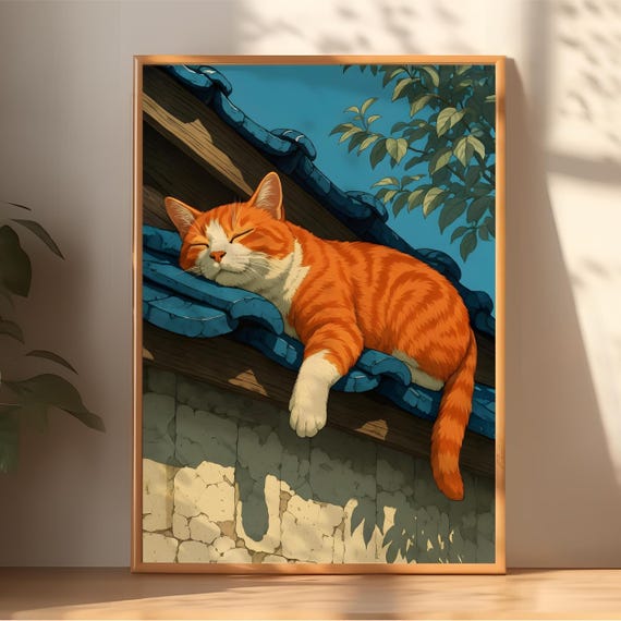 Cozy Orange Tabby Cat Sleeping On Roof Japanese Anime Style Poster