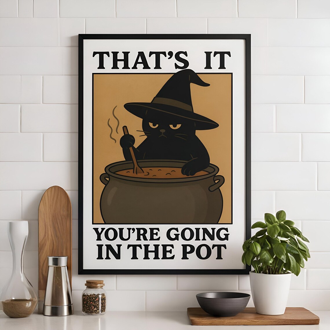 Witch Cat Halloween Poster, Funny Cauldron Art