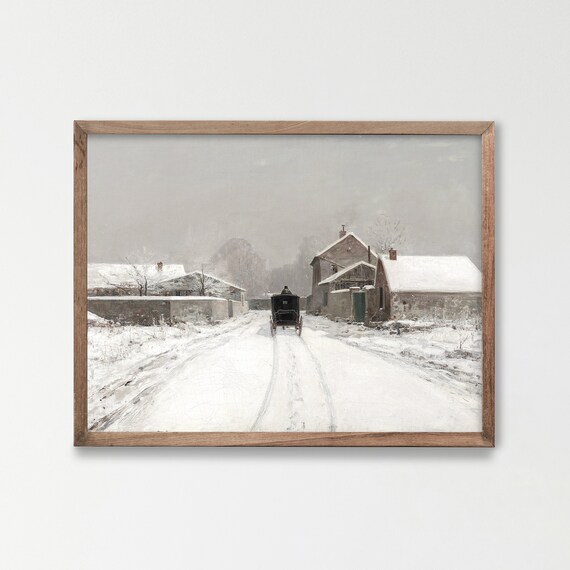 Vintage Classic Snowy Village Street Horse Carriage Winter Poster