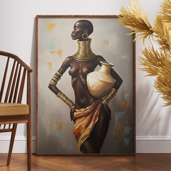 African Tribal Woman with Gold Neck Rings Cultural Oil Painting Print