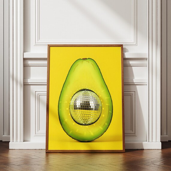 Avocado Disco Ball Fun Kitchen Art Print with Bold Yellow Background