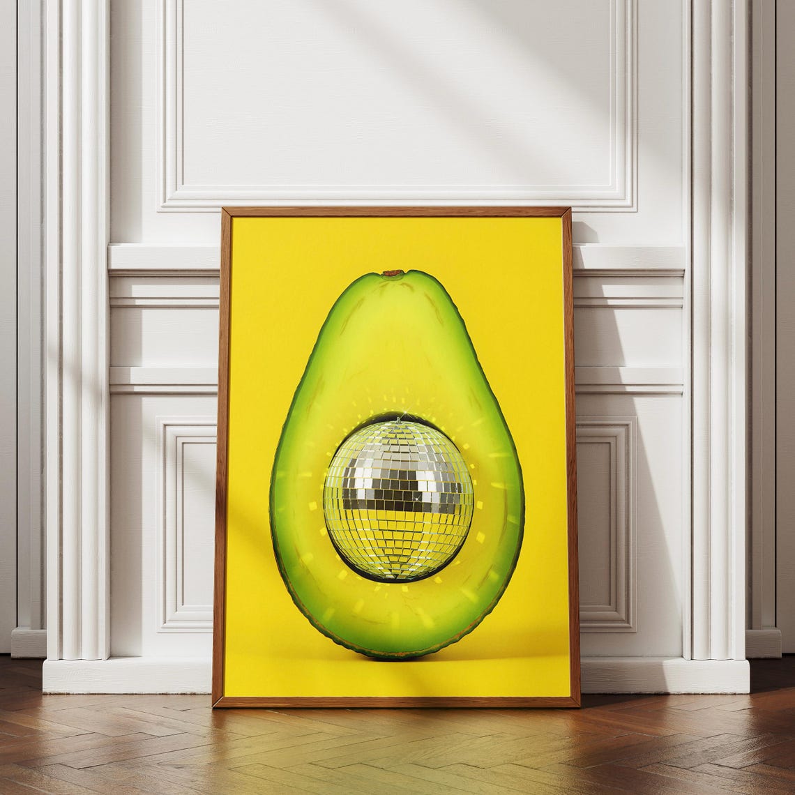 Avocado Disco Ball Fun Kitchen Art Print with Bold Yellow Background