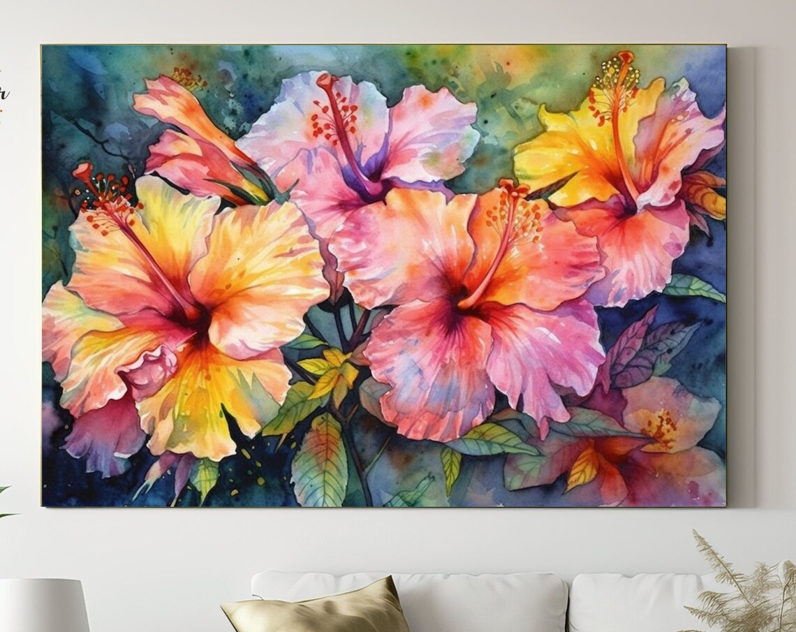 Hibiscus Flowers Impressionist Art Print, Tropical