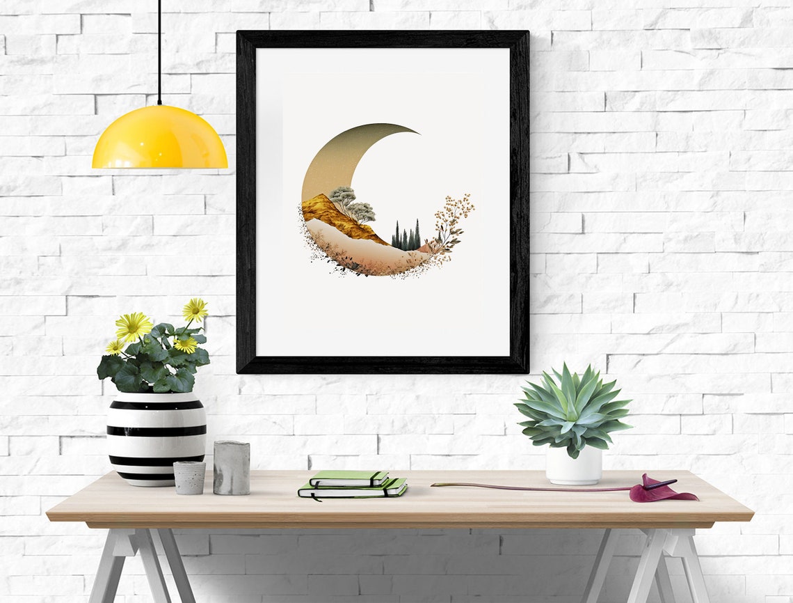 Crescent Moon Filled With Mountain Forest Landscape Art Poster - Image 2
