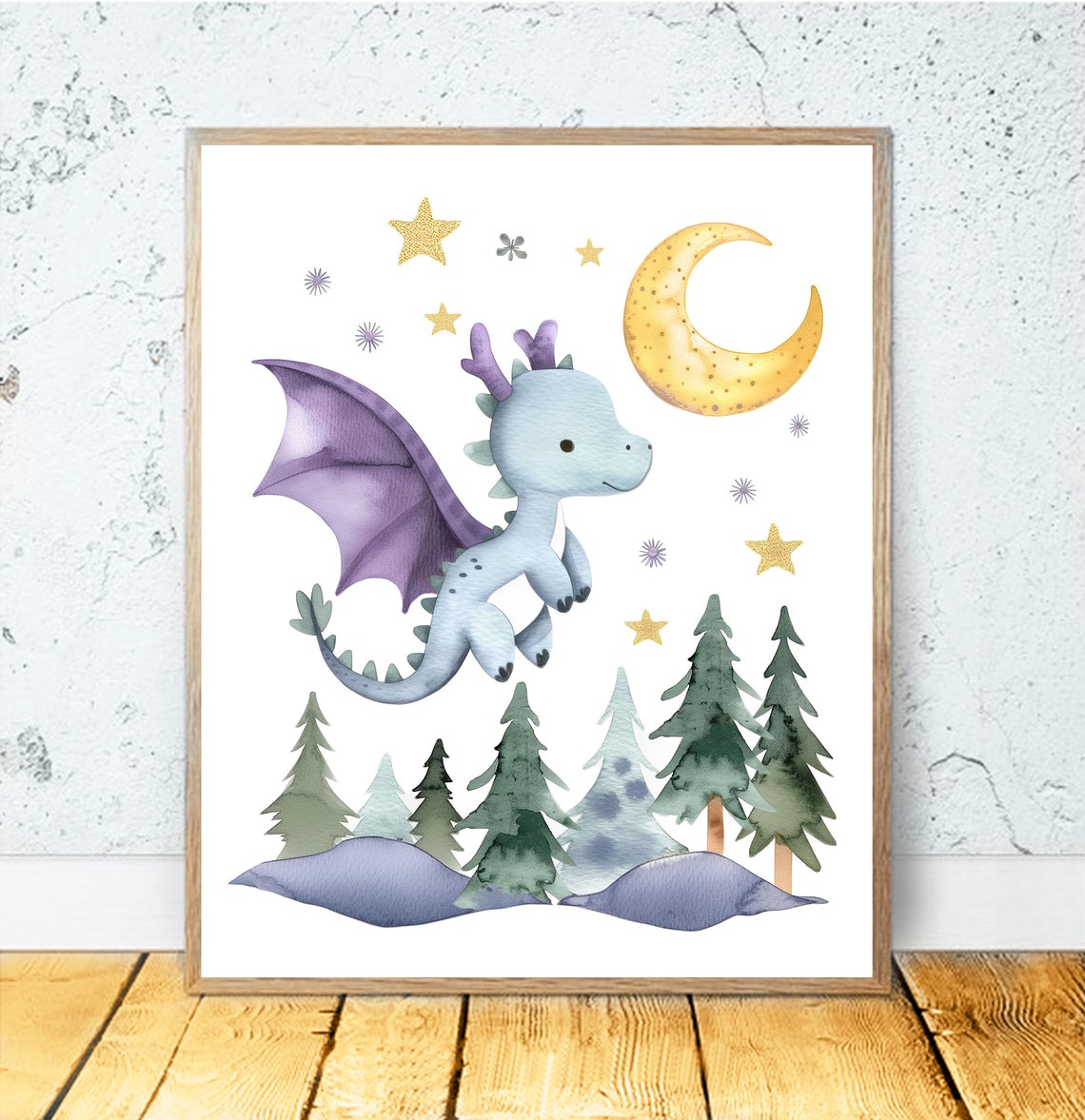 Baby Dragon Flying Over Pine Trees Under Moonlight Nursery Poster