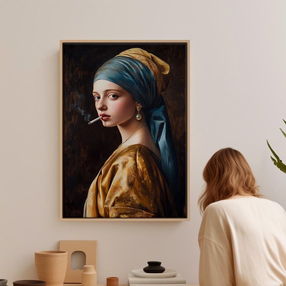 Modern Twist On Classic Portrait Elegant Woman In Golden Attire With Pearl Earring And Cigarette For Bold And Quirky Wall Art
