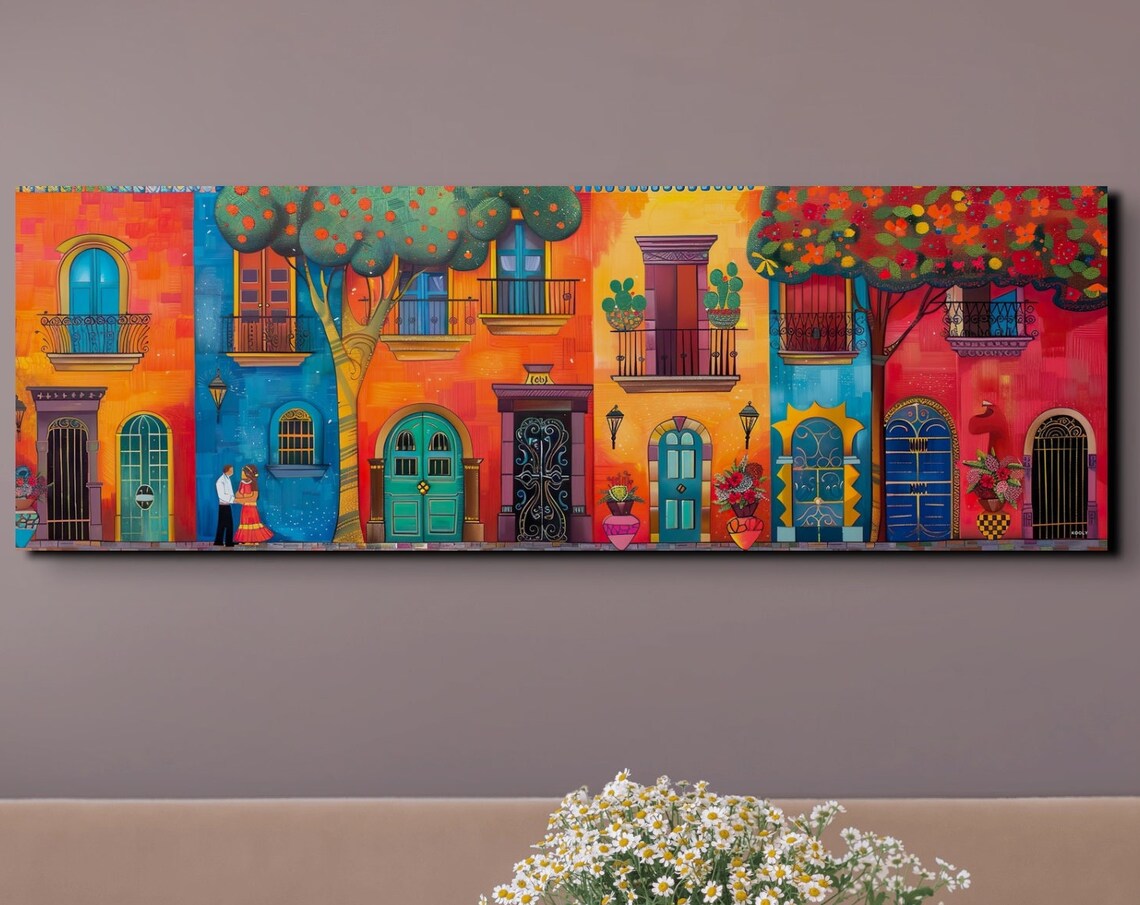 Colorful Mexican Street Scene With Couple Panoramic Folk Poster