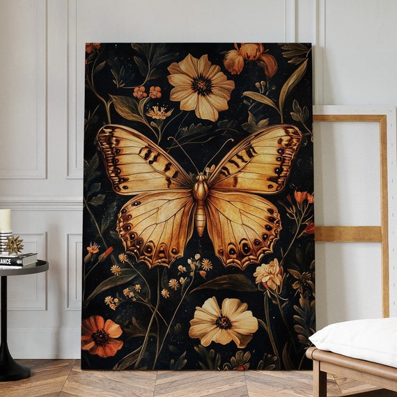 Golden Butterfly Wall Art With Wildflowers Vintage Nature Inspired Rustic Decor For Butterfly And Flower Lovers