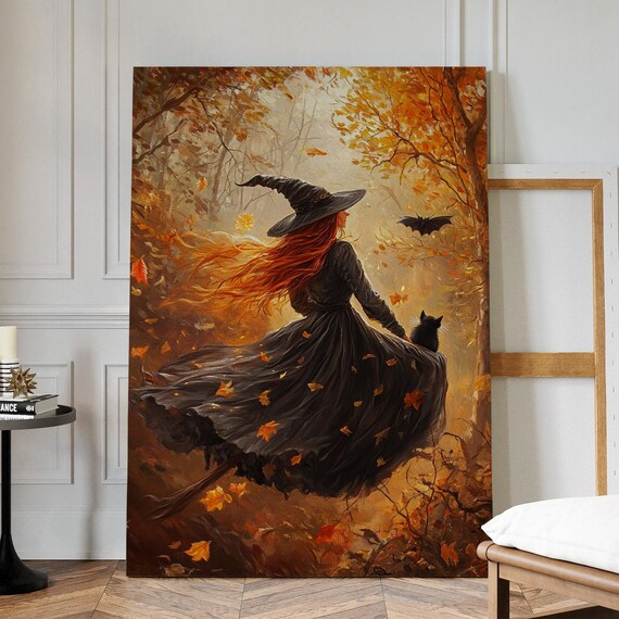 Autumn Witch Flying On Broom With Black Cat Golden Fall Forest Halloween Poster