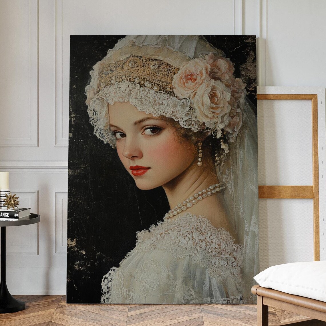 Victorian Lady in Lace Veil with Roses Romantic Oil Portrait Print