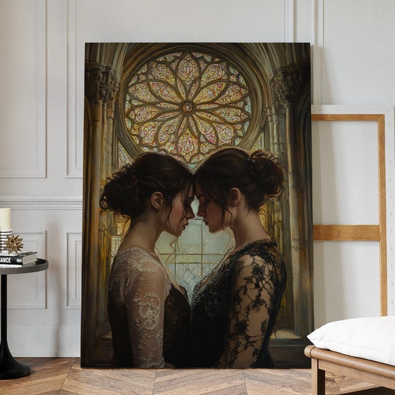 Elegant Gothic Wall Art Two Women In Lace With Cathedral Stained Glass Victorian Inspired Romantic Vintage Gothic Decor