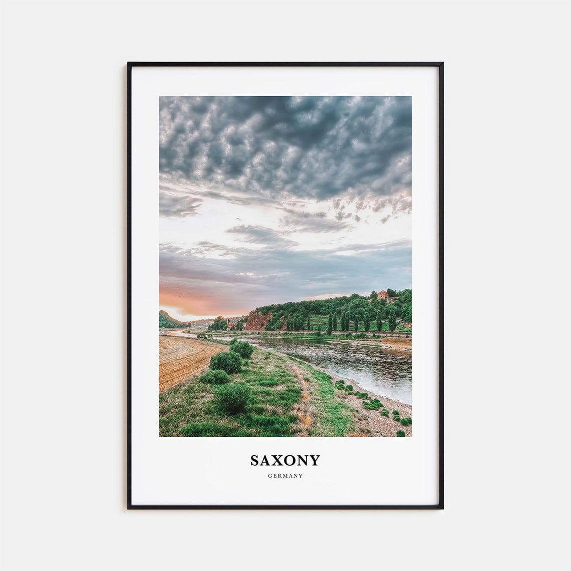 Saxony Germany River Sunset Landscape Under Dramatic Clouds Poster