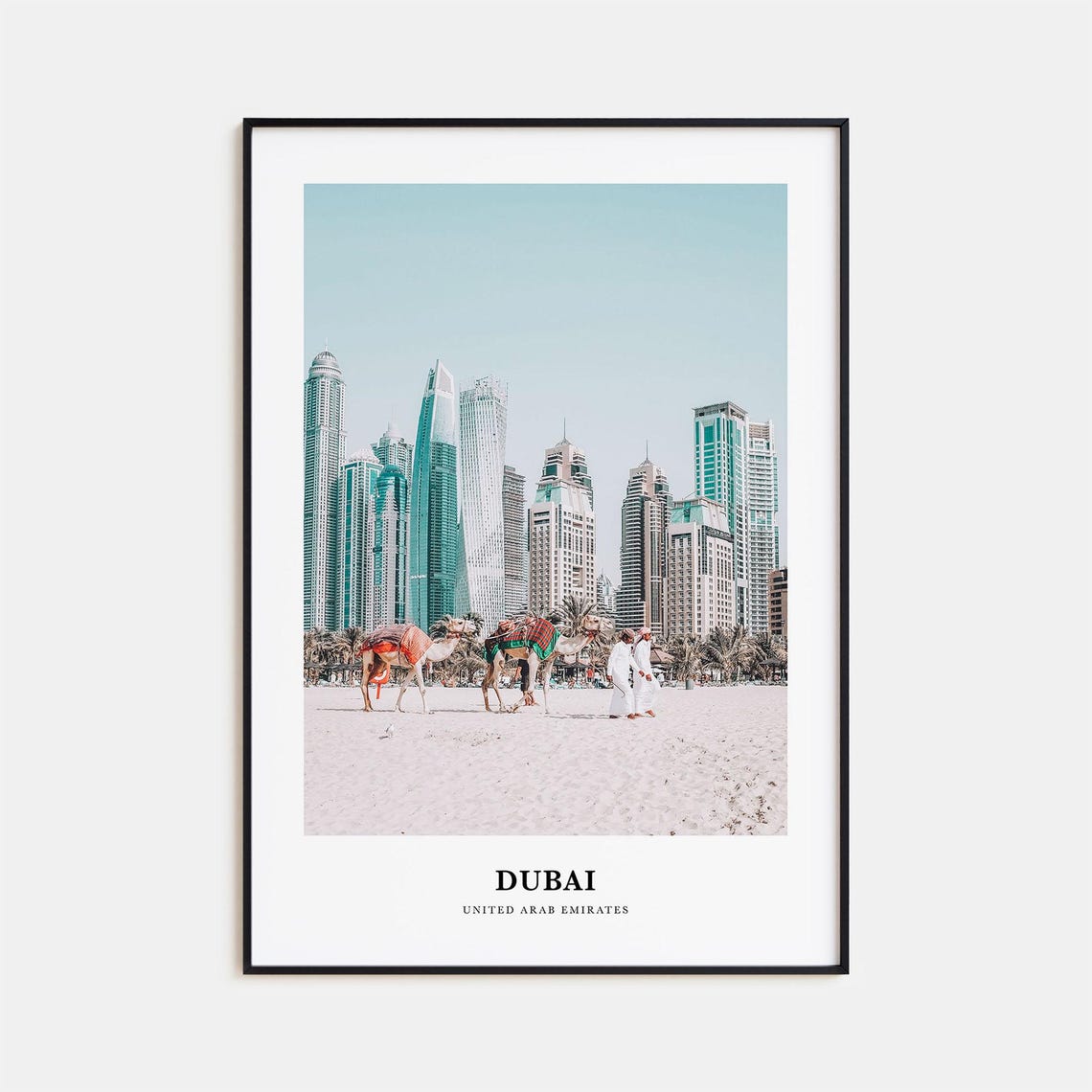 Camels on Dubai Beach with Marina Towers in the Background Poster