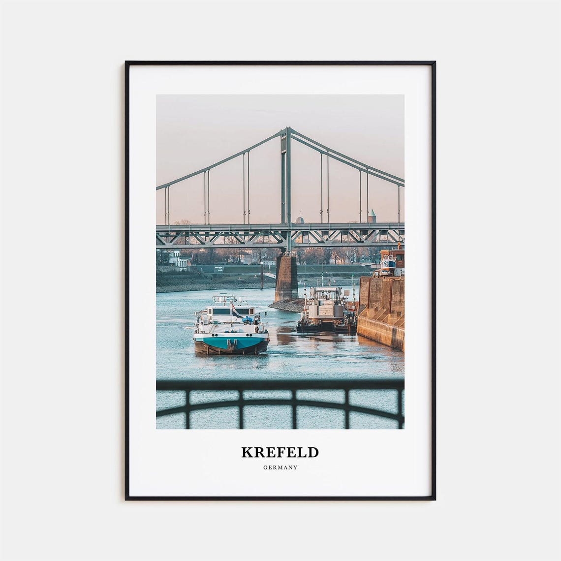 Krefeld Germany Rhine Bridge River Barge Passing Photo Poster