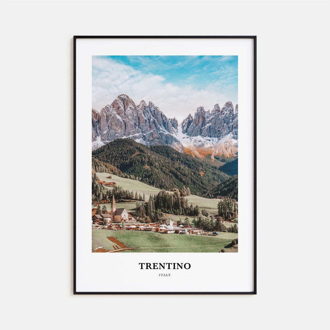 Trentino Dolomites Village Alpine Church Mountain Peaks Poster