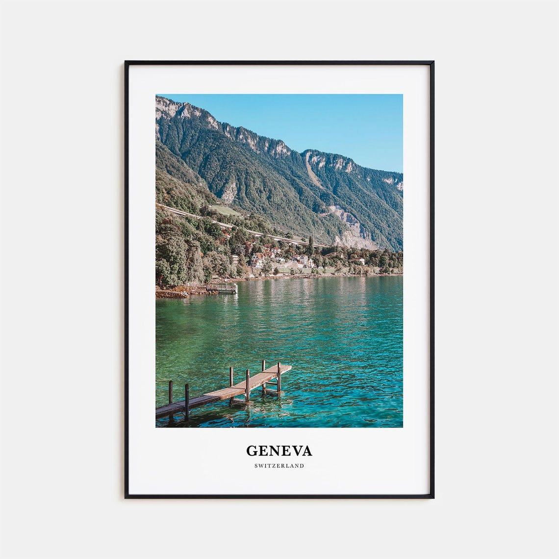 Geneva Switzerland Turquoise Lake Wooden Dock Alpine Travel Poster