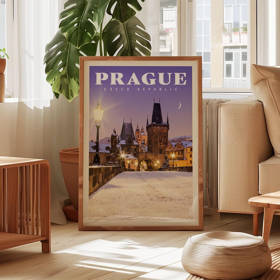 Old Prague Czech Republic Charles Bridge Snowy Dusk Travel Poster