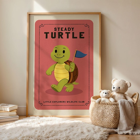 Steady Turtle Cute Retro Cartoon Kids Nursery Animal Wall Art