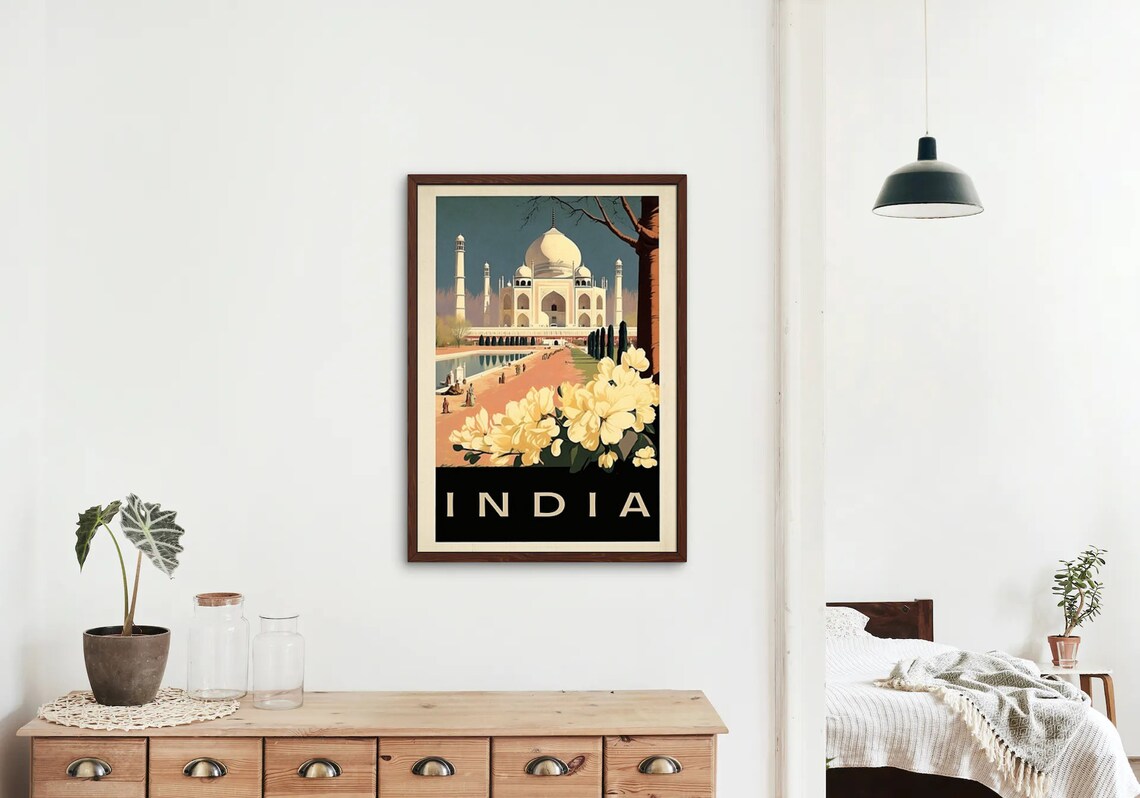 Taj Mahal India Retro Travel Poster White Marble Palace Gardens View - Image 2