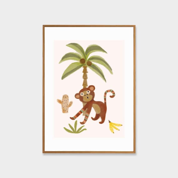 Cute Monkey Under Palm Tree With Banana and Cactus Boho Safari Art Poster