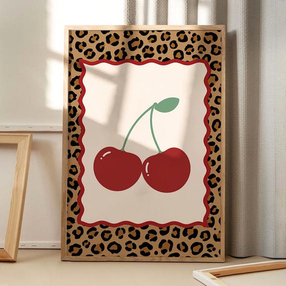 Cherry Leopard Print Retro Art Poster