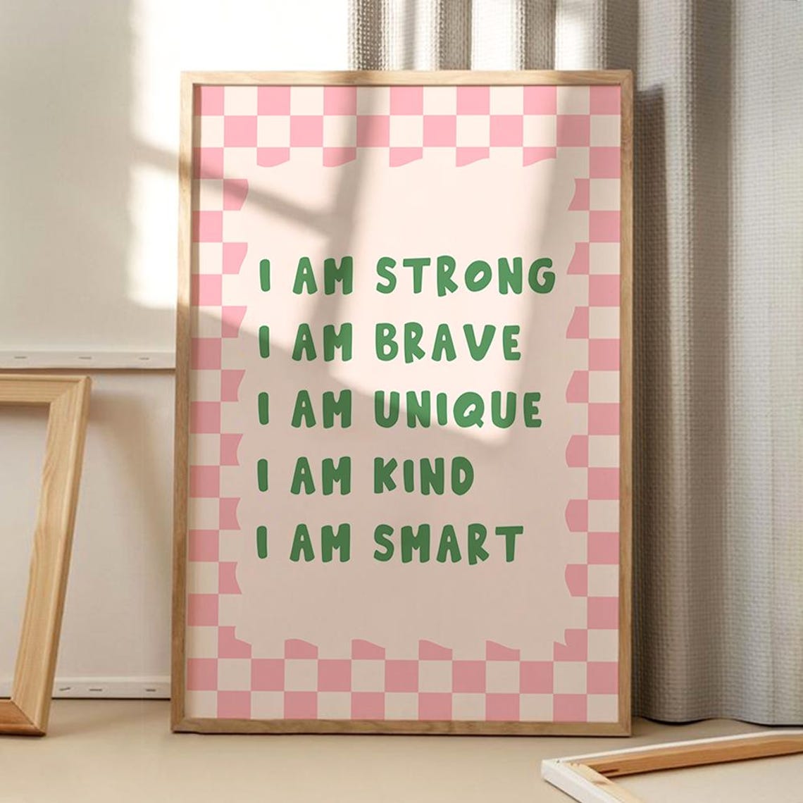 I Am Strong Brave Kind Daily Affirmations Pink Checkered Quote Poster