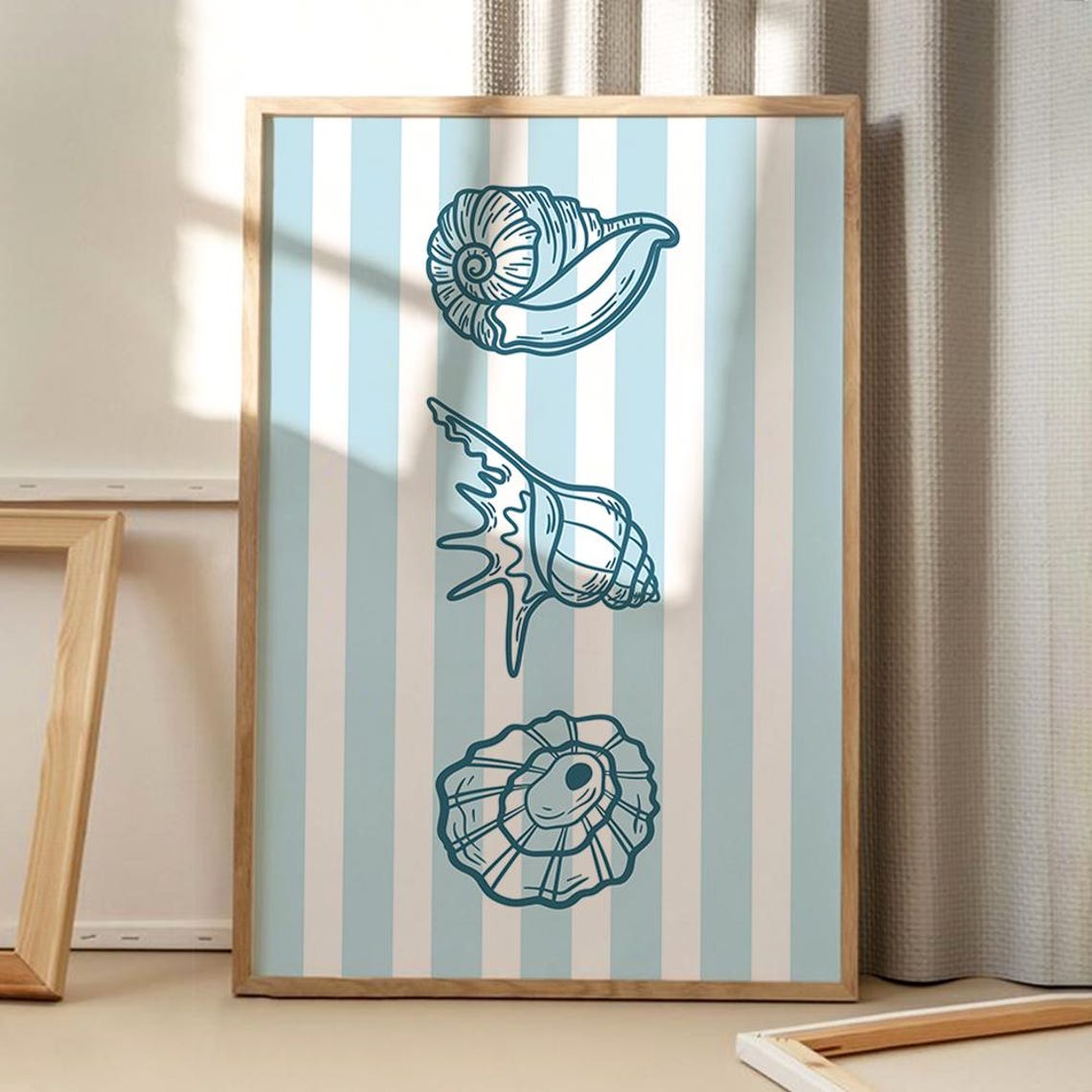 Blue Striped Seashell Line Art Coastal Beach Bathroom Wall Poster