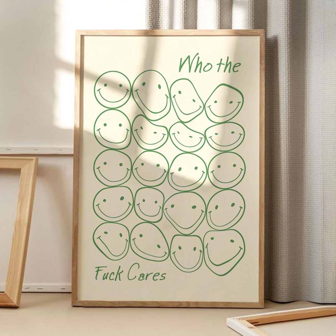 Who the Fuck Cares Green Smiley Face Funny Office Humor Poster
