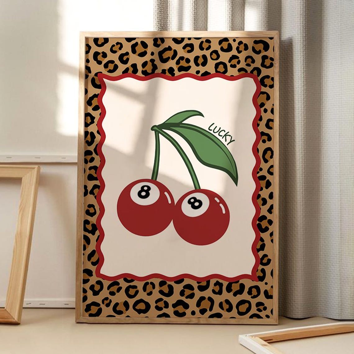 Lucky Eight Ball Cherries Leopard Background Trendy Retro Poster