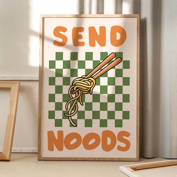 Send Noods Funny Noodle Chopsticks Poster Retro Kitchen Decor Green Check