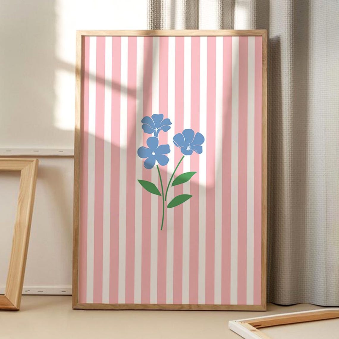 Pink Striped Blue Wildflower Bouquet Retro Modern Botanical Poster