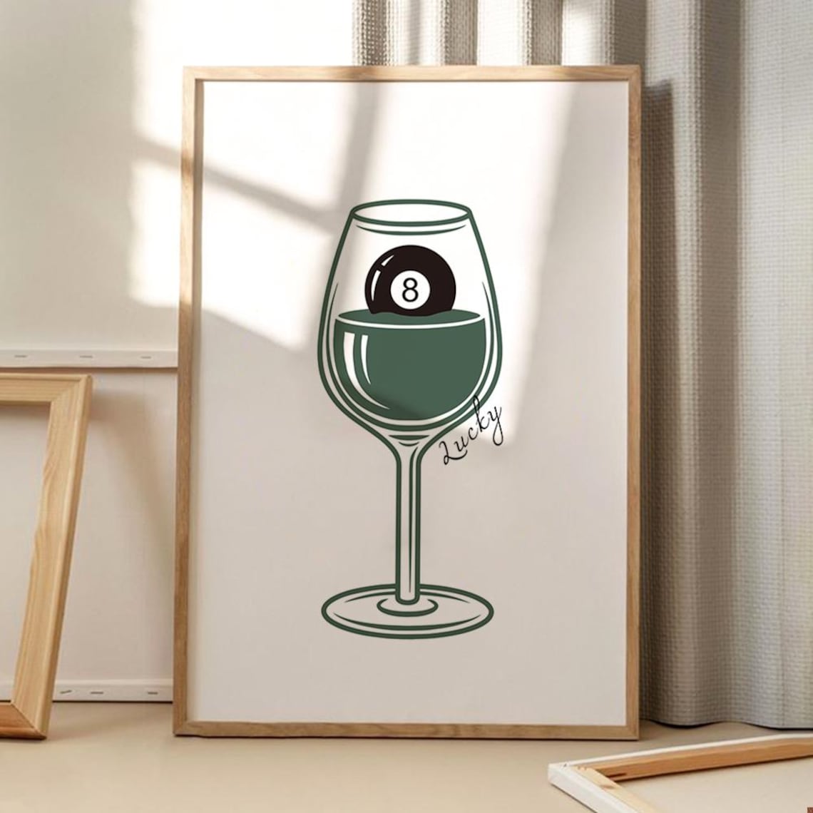 Lucky 8 Ball Wine Glass Retro Green Line Art Bar Decor Wall Poster
